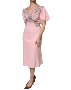Ermanno Scervino Pink Floral Lace Short Sleeves V-neck Midi Women's Dress -Lux Lair Store 5397785