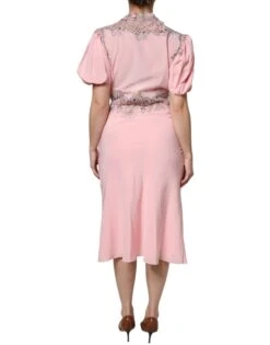 Ermanno Scervino Pink Floral Lace Short Sleeves V-neck Midi Women's Dress -Lux Lair Store 5397786