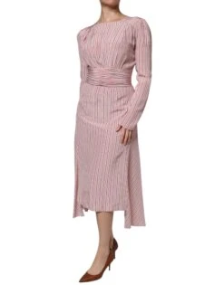 Ermanno Scervino Pink Stripes Silk Long Sleeves Midi Women's Dress (Pre-Owned) -Lux Lair Store 5399051
