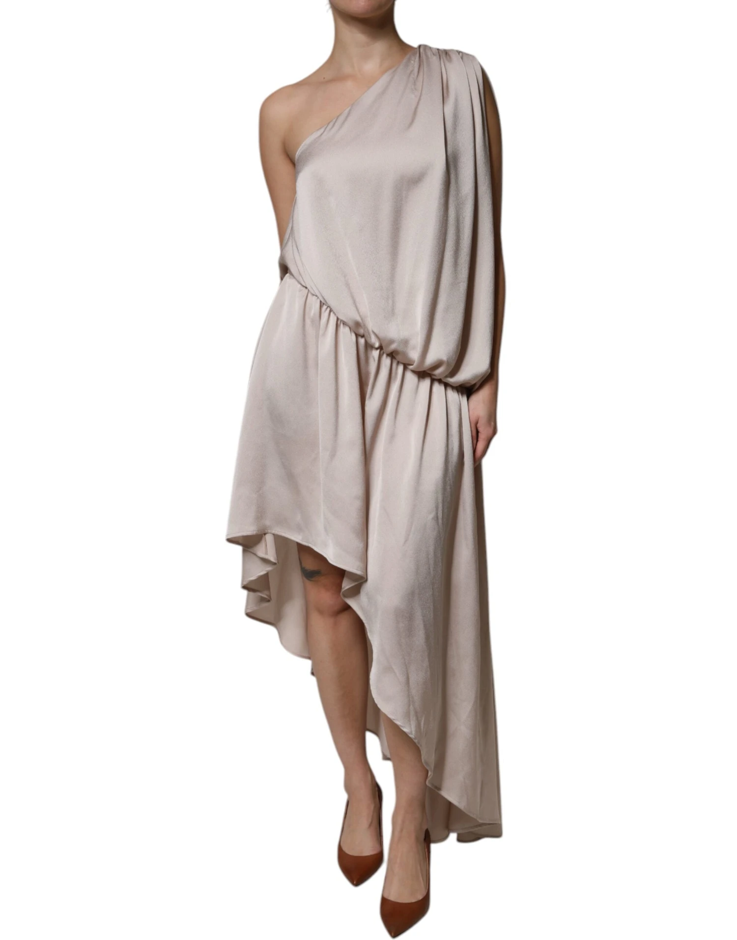 Christian Pellizzari Beige One Shoulder Asymmetric Drape Women's Dress (Pre-Owned) 3 Christian Pellizzari Beige One Shoulder Asymmetric Drape Women's Dress (Pre-Owned)