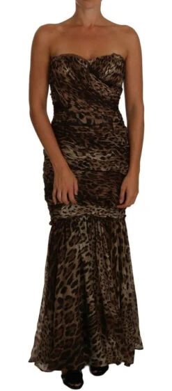 Dolce & Gabbana Brown Leopard Silk Chiffon Ruched Mermaid Maxi Women's Dress