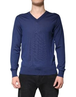 Dolce & Gabbana Navy Blue Cashmere V-neck Pullover Men's Sweater