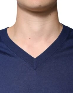 Dolce & Gabbana Navy Blue Cashmere V-neck Pullover Men's Sweater -Lux Lair Store 6106962