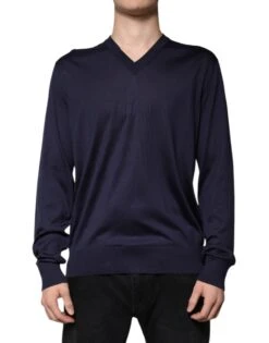 Dolce & Gabbana Navy Blue Silk V-neck Pullover Men's Sweater (Pre-Owned)