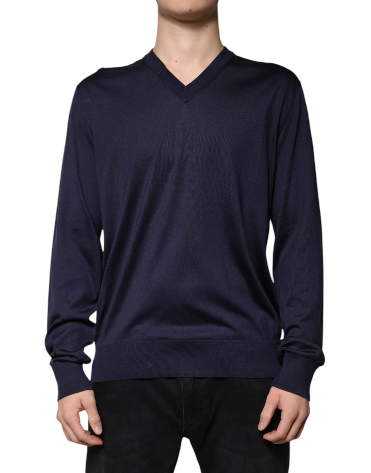 Dolce & Gabbana Navy Blue Silk V-neck Pullover Men's Sweater (Pre-Owned) 3 Dolce & Gabbana Navy Blue Silk V-neck Pullover Men's Sweater (Pre-Owned)
