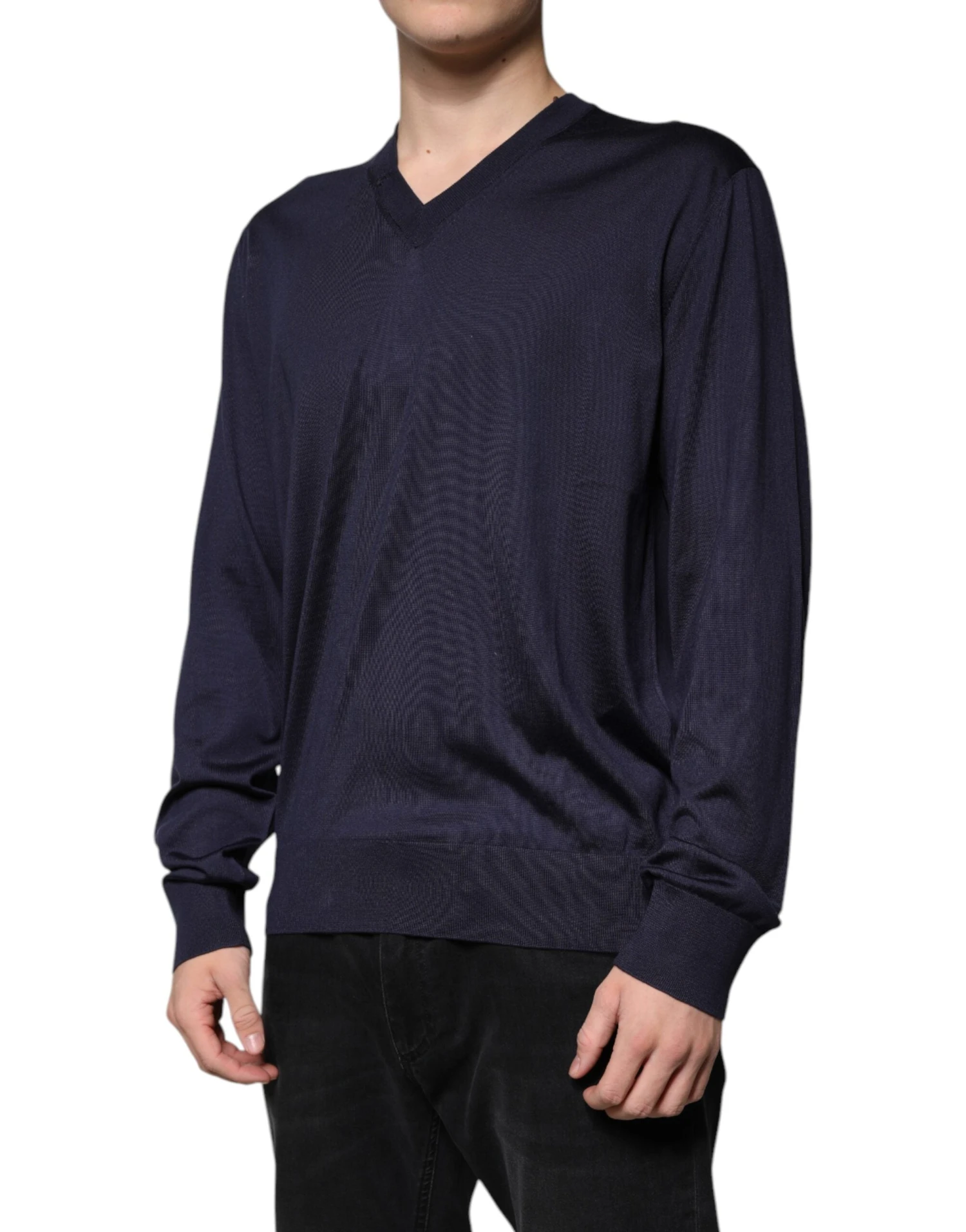 Dolce & Gabbana Navy Blue Silk V-neck Pullover Men's Sweater (Pre-Owned) 4 Dolce & Gabbana Navy Blue Silk V-neck Pullover Men's Sweater (Pre-Owned) - Image 2