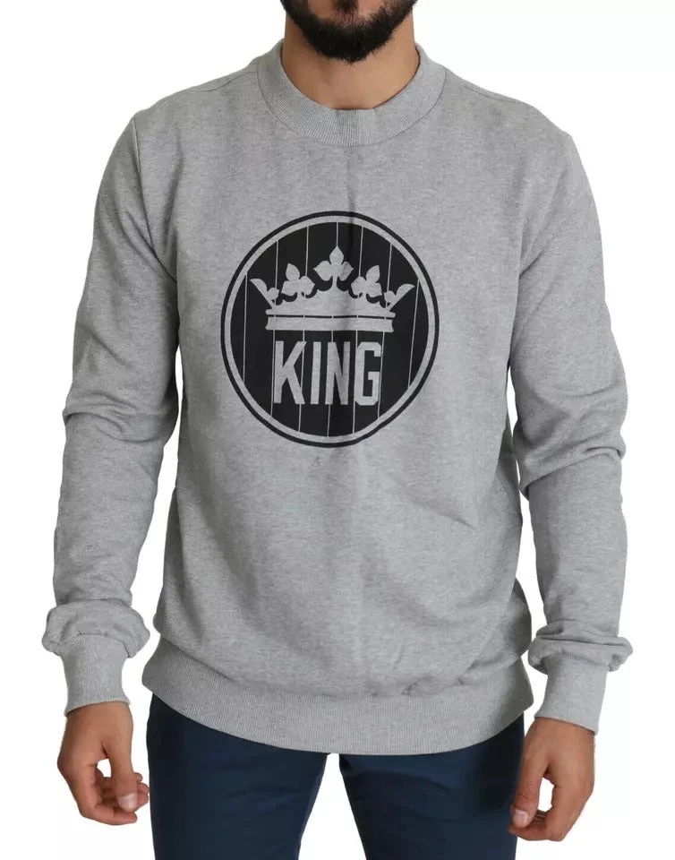 Dolce & Gabbana Gray Crown King Print Cotton Pullover Men's Sweater 3 Dolce & Gabbana Gray Crown King Print Cotton Pullover Men's Sweater