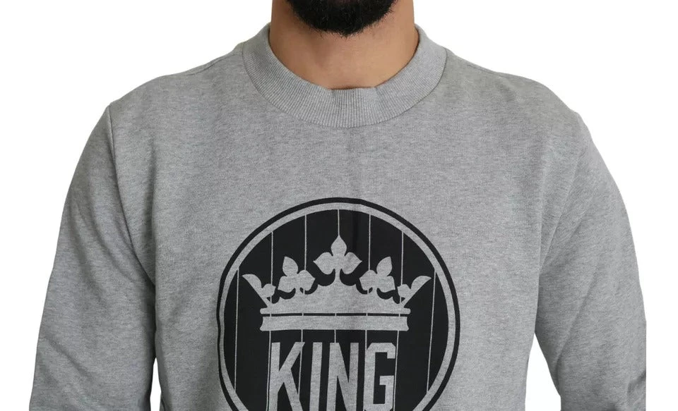 Dolce & Gabbana Gray Crown King Print Cotton Pullover Men's Sweater 4 Dolce & Gabbana Gray Crown King Print Cotton Pullover Men's Sweater - Image 2
