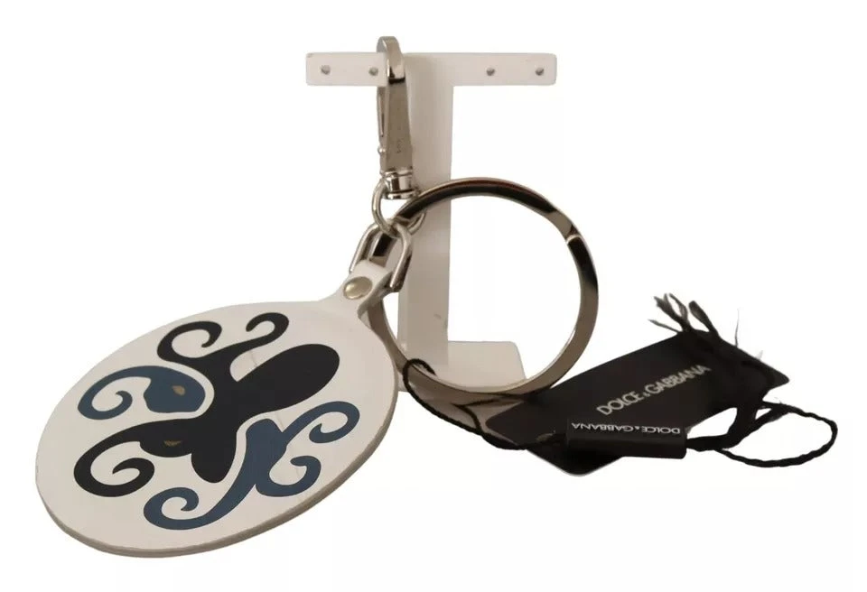 Dolce & Gabbana White Leather Printed Metal Silver Tone Keyring Men's Keychain (Pre-Owned) 3 Dolce & Gabbana White Leather Printed Metal Silver Tone Keyring Men's Keychain (Pre-Owned)