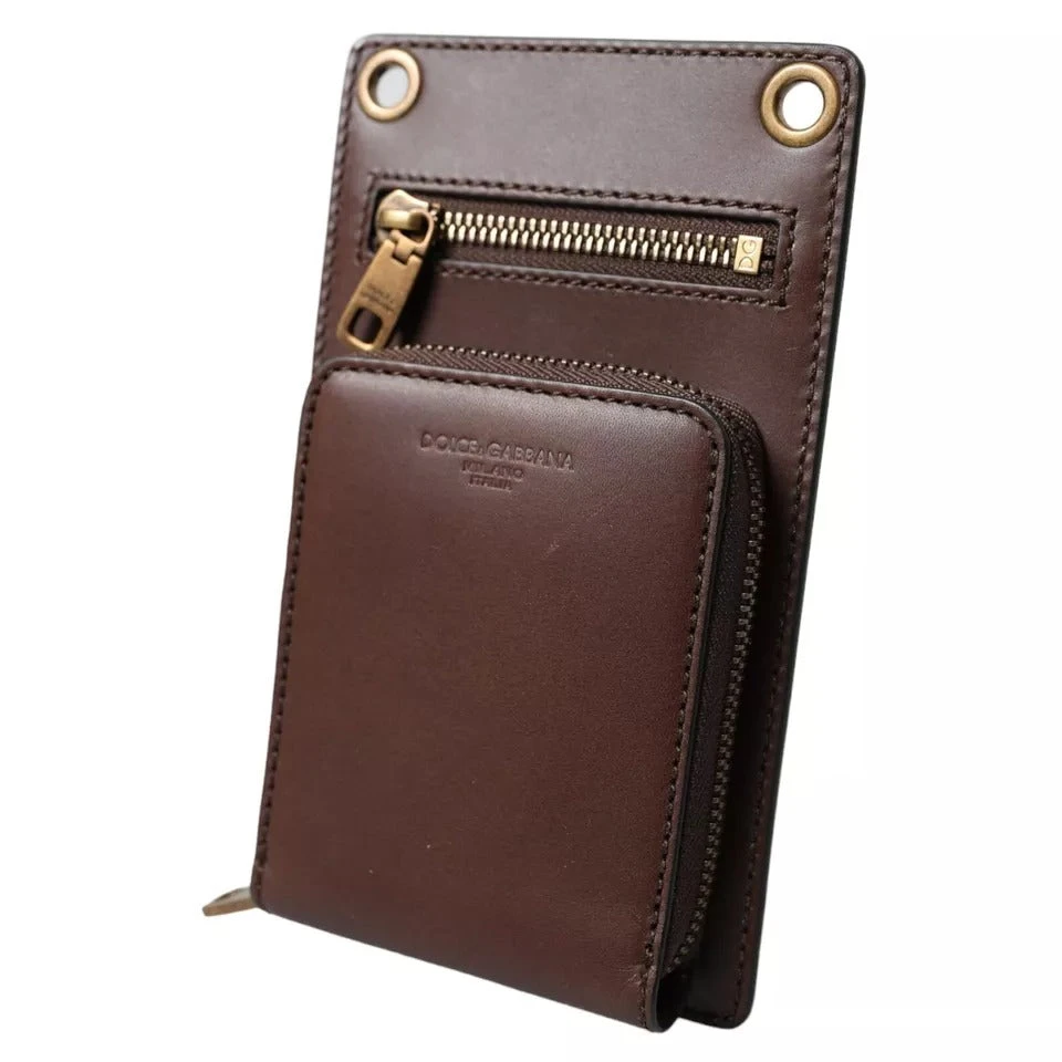 Dolce & Gabbana Brown Calf Leather Zip Logo Shoulder Neck Strap Men's Wallet 6 Dolce & Gabbana Brown Calf Leather Zip Logo Shoulder Neck Strap Men's Wallet - Image 4