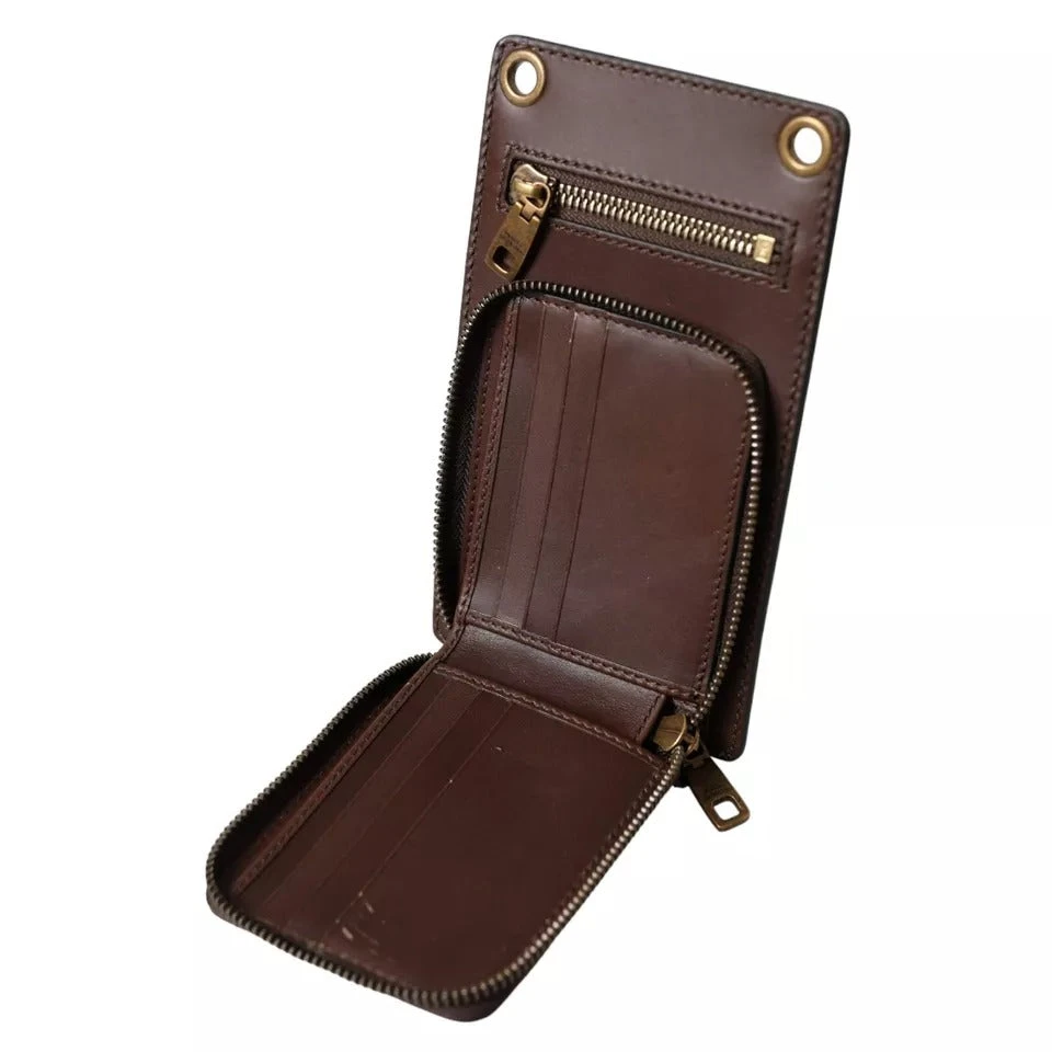 Dolce & Gabbana Brown Calf Leather Zip Logo Shoulder Neck Strap Men's Wallet 8 Dolce & Gabbana Brown Calf Leather Zip Logo Shoulder Neck Strap Men's Wallet - Image 6