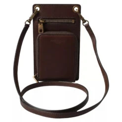 Dolce & Gabbana Brown Calf Leather Zip Logo Shoulder Neck Strap Men's Wallet