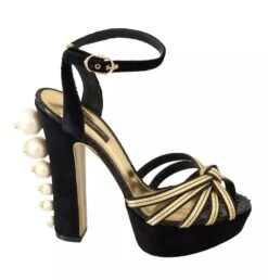 Dolce & Gabbana Black Gold Bianca Faux Pearl Women's Sandals (Pre-Owned)