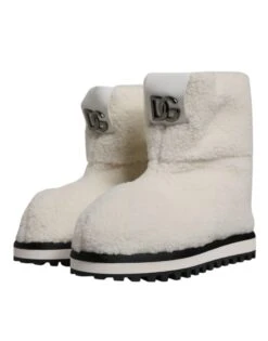 Dolce & Gabbana White Plush Logo Padded Mid Calf Boots Men's Shoes