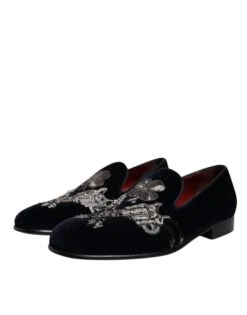 Dolce & Gabbana Black Velvet Floral Gun Loafers Dress Men's Shoes -Lux Lair Store 6193918