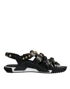 Dolce & Gabbana Black Leather Studded Slides Sandals Men's Shoes