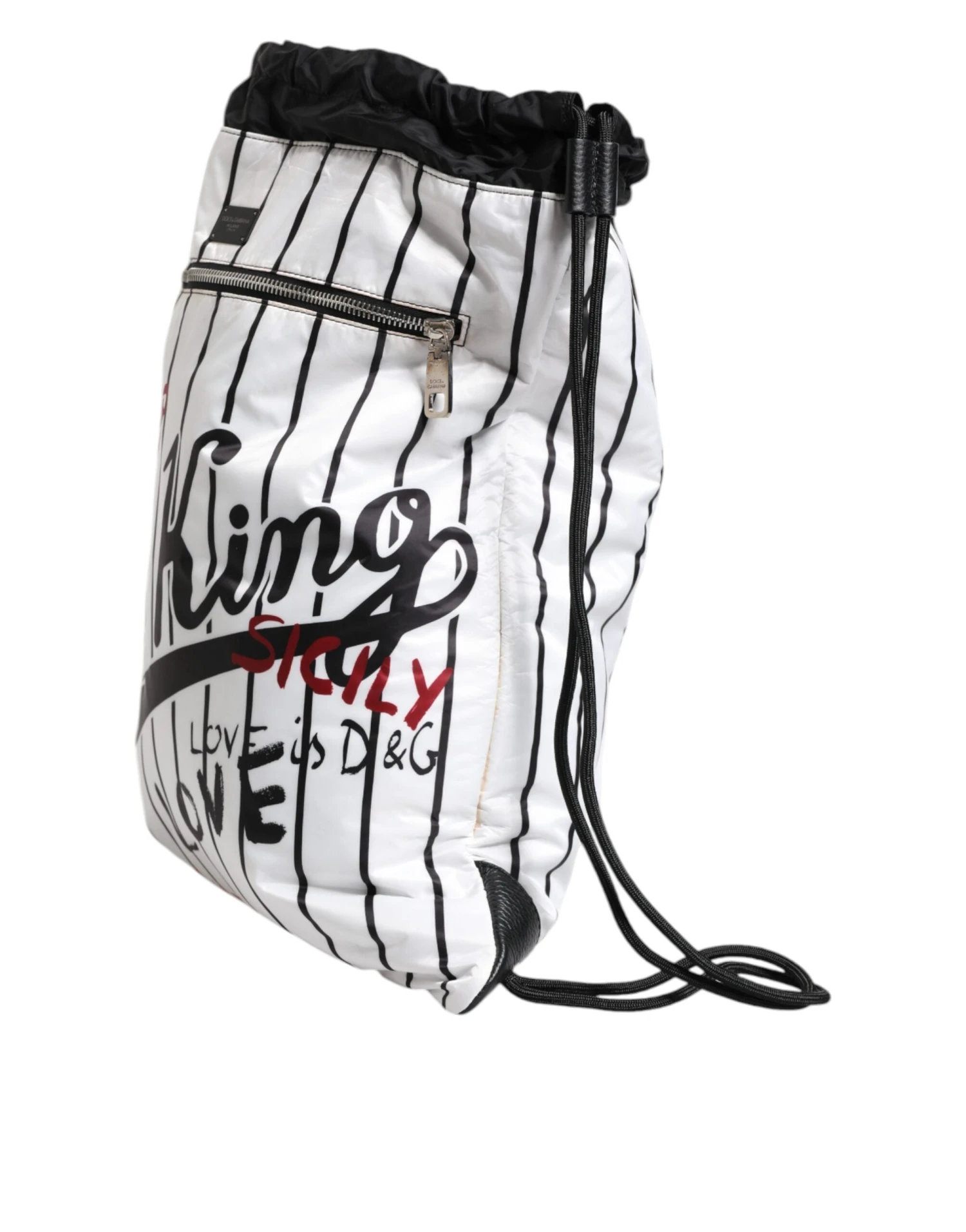 Dolce & Gabbana Black White Striped Polyester Drawstring Men's Bag (Pre-Owned) 4 Dolce & Gabbana Black White Striped Polyester Drawstring Men's Bag (Pre-Owned) - Image 2