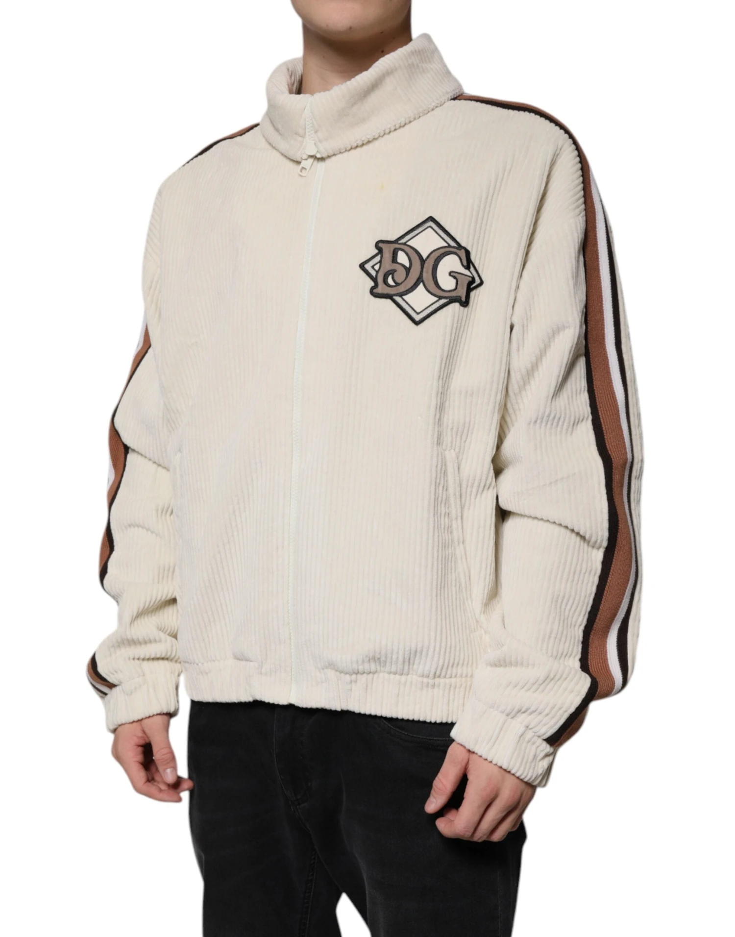 Dolce & Gabbana Beige Logo Applique Cotton Corduroy Full Zip Men's Jacket 4 Dolce & Gabbana Beige Logo Applique Cotton Corduroy Full Zip Men's Jacket - Image 2