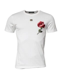 Dolce & Gabbana White Cotton Logo Floral Crew Neck Men's T-shirt (Pre-Owned)
