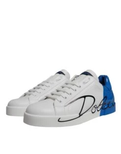 Dolce & Gabbana White Blue Leather Logo Low Top Sneakers Men's Shoes -Lux Lair Store 6479301