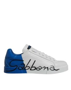 Dolce & Gabbana White Blue Leather Logo Low Top Sneakers Men's Shoes