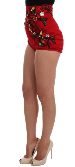 Dolce & Gabbana Red Silk Crystal Roses Women's Shorts 11 Dolce & Gabbana Red Silk Crystal Roses Women's Shorts -Lux Lair Store 65520