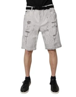 Dolce & Gabbana Light Gray Tattered Men Denim Bermuda Men's Shorts