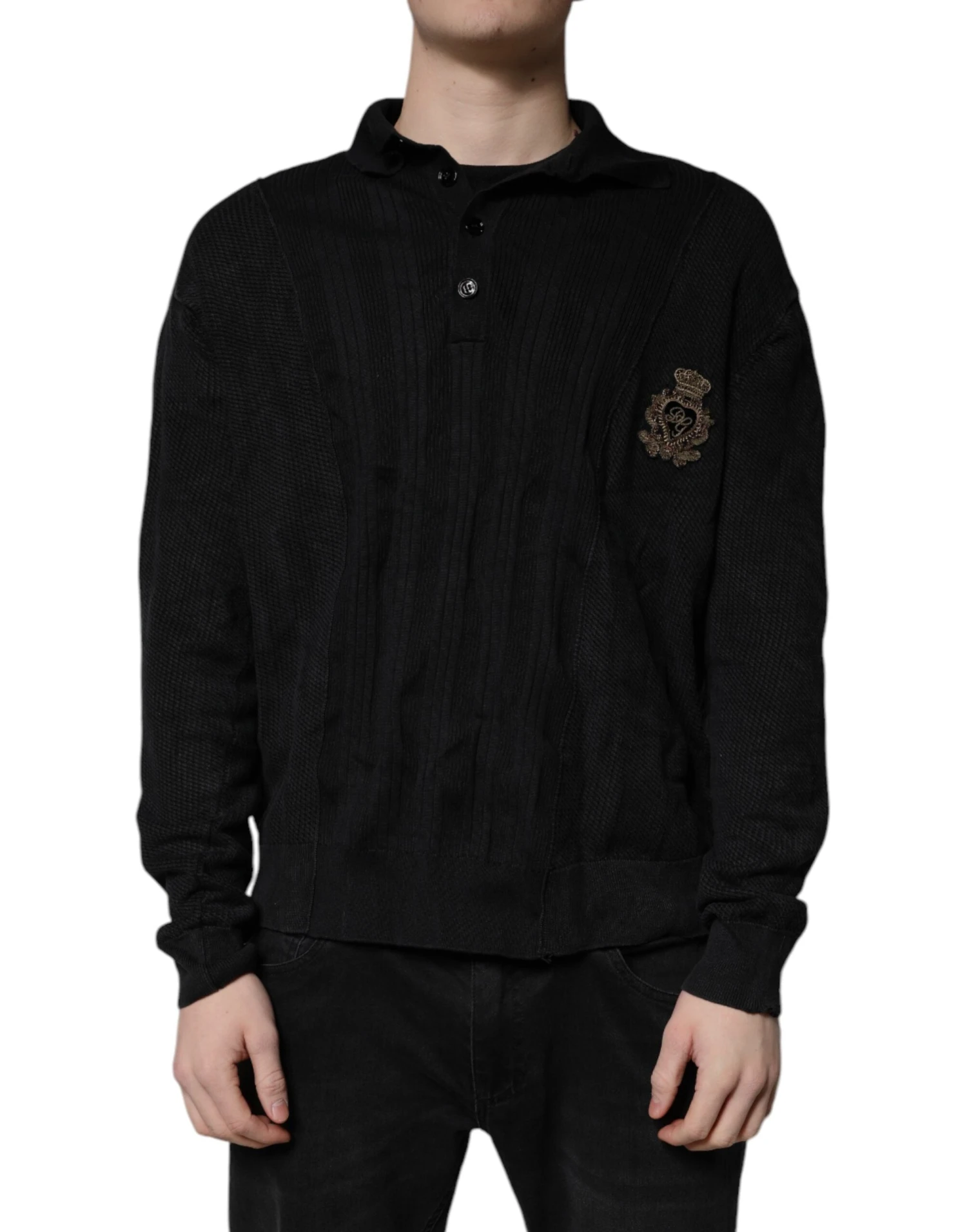 Dolce & Gabbana Black Heraldic Silk Buttoned Pullover Men's Sweater (Pre-Owned) 3 Dolce & Gabbana Black Heraldic Silk Buttoned Pullover Men's Sweater (Pre-Owned)