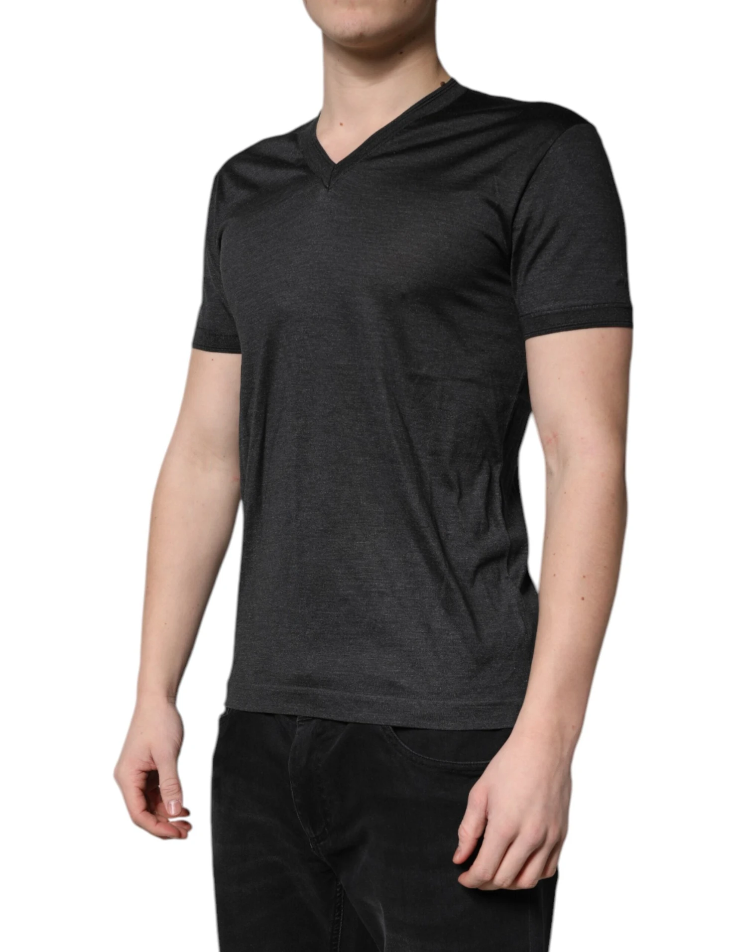 Dolce & Gabbana Dark Gray Silk V-neck Short Sleeves Men's T-shirt 4 Dolce & Gabbana Dark Gray Silk V-neck Short Sleeves Men's T-shirt - Image 2