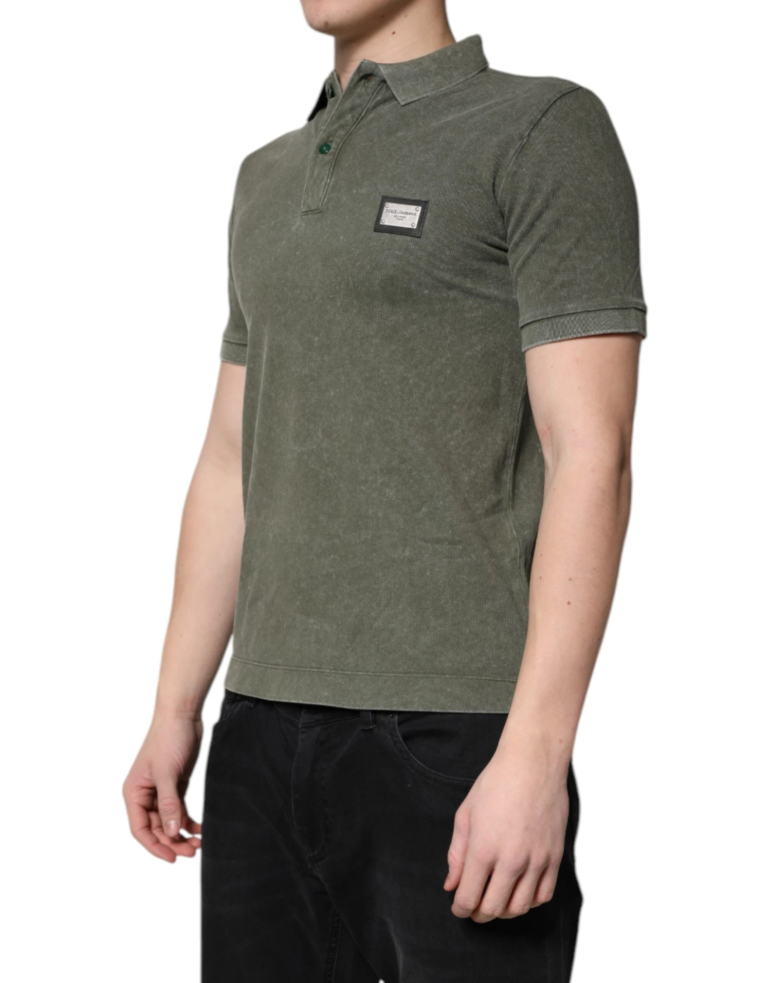 Dolce & Gabbana Army Green Logo Plaque Cotton Polo Shirt Men's T-shirt 4 Dolce & Gabbana Army Green Logo Plaque Cotton Polo Shirt Men's T-shirt - Image 2