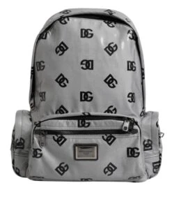 Dolce & Gabbana Polyester Gray Black DG Logo Plaque Backpack Men's Bag