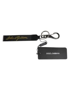 Dolce & Gabbana Black Logo Nylon Silver Brass Men Holder Keychain Men's Keyring
