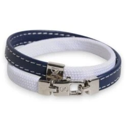 Dolce & Gabbana Blue White Leather Trimmed DG Engraved Silver Tone Clasp Men's Bracelet -Lux Lair Store 6803382