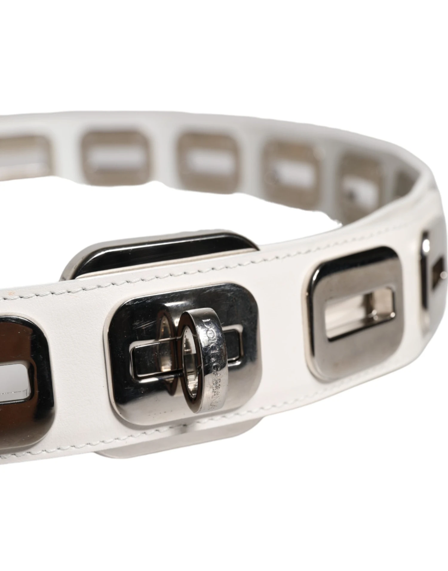 Dolce & Gabbana White Leather Gold Tone Rotating Buckle Women's Belt 5 Dolce & Gabbana White Leather Gold Tone Rotating Buckle Women's Belt - Image 3