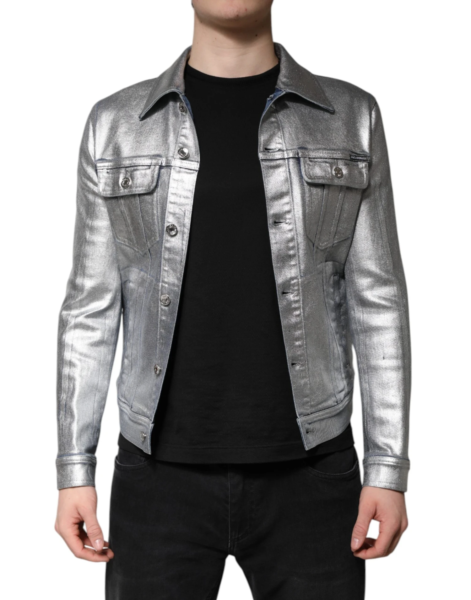 Dolce & Gabbana Silver Cotton Button Down Denim Biker Men's Jacket (Pre-Owned) 3 Dolce & Gabbana Silver Cotton Button Down Denim Biker Men's Jacket (Pre-Owned)
