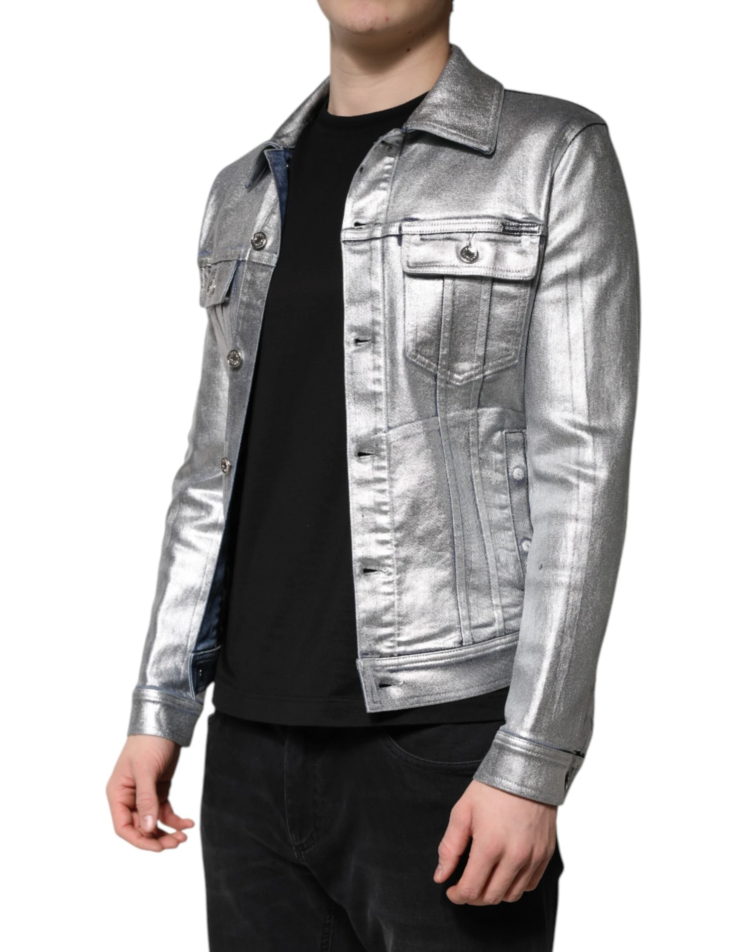 Dolce & Gabbana Silver Cotton Button Down Denim Biker Men's Jacket (Pre-Owned) 4 Dolce & Gabbana Silver Cotton Button Down Denim Biker Men's Jacket (Pre-Owned) - Image 2