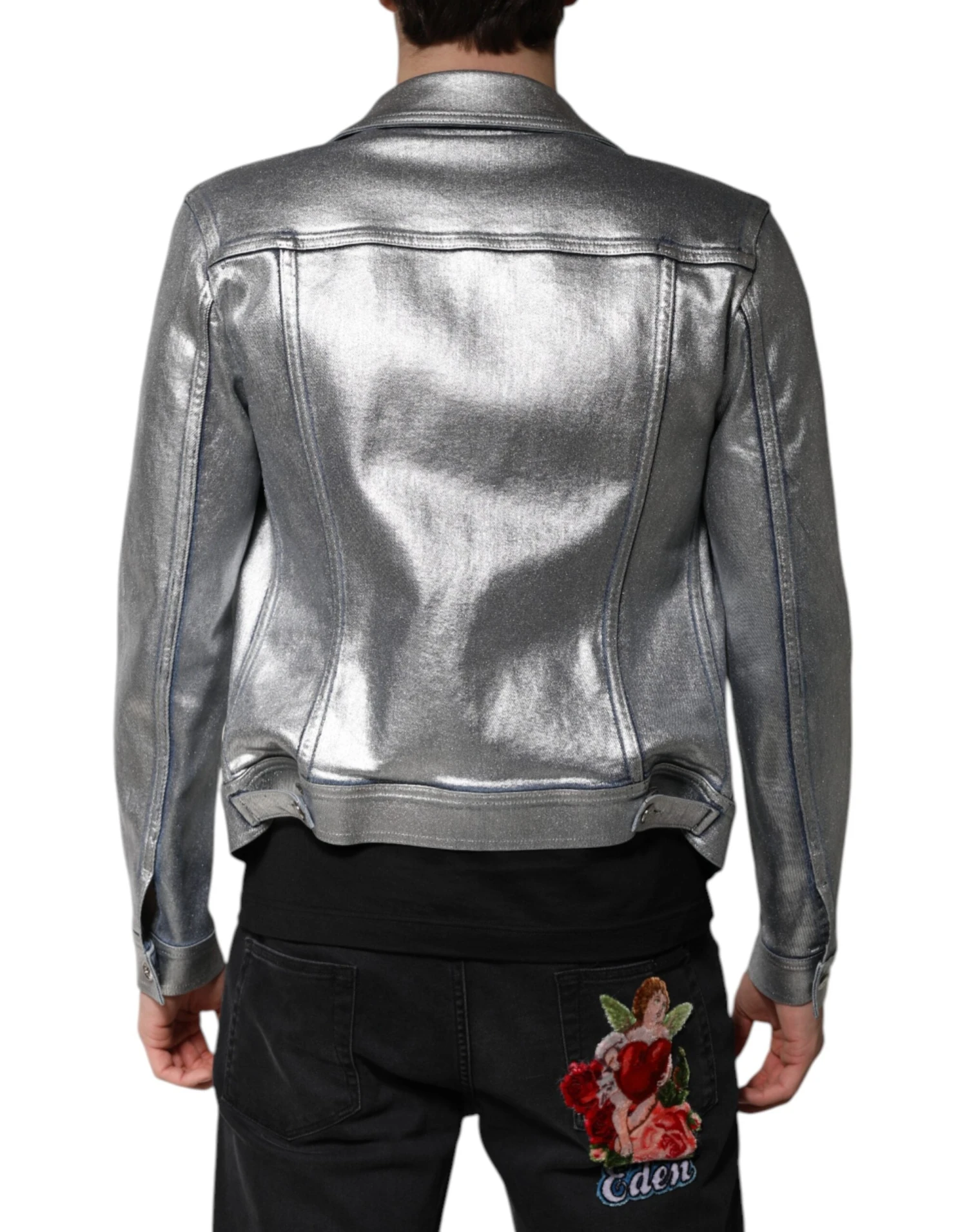 Dolce & Gabbana Silver Cotton Button Down Denim Biker Men's Jacket (Pre-Owned) 5 Dolce & Gabbana Silver Cotton Button Down Denim Biker Men's Jacket (Pre-Owned) - Image 3