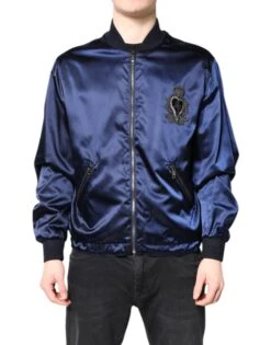 Dolce & Gabbana Blue Nylon DG Crown Full Zip Bomber Men's Jacket (Pre-Owned)
