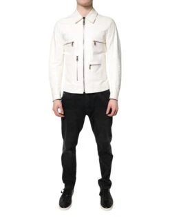 Dolce & Gabbana White Collared Full Zip Biker Coat Men's Jacket