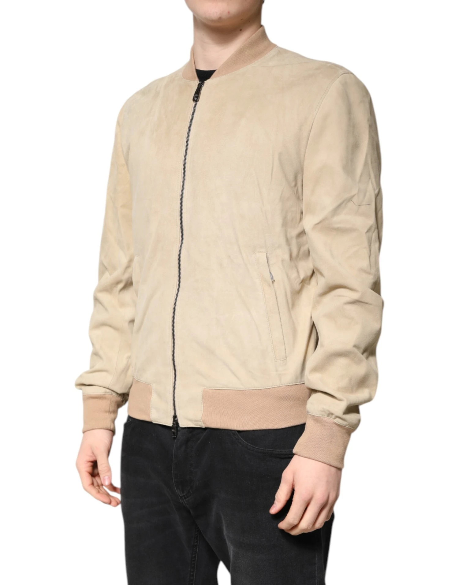 Dolce & Gabbana Beige Lambskin Full Zip Men Bomber Men's Jacket (Pre-Owned) 4 Dolce & Gabbana Beige Lambskin Full Zip Men Bomber Men's Jacket (Pre-Owned) - Image 2