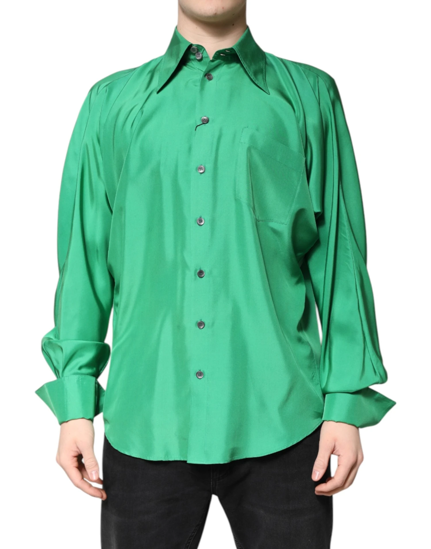 Dolce & Gabbana Green Silk Satin Long Sleeves Casual Men's Shirt (Pre-Owned) 3 Dolce & Gabbana Green Silk Satin Long Sleeves Casual Men's Shirt (Pre-Owned)