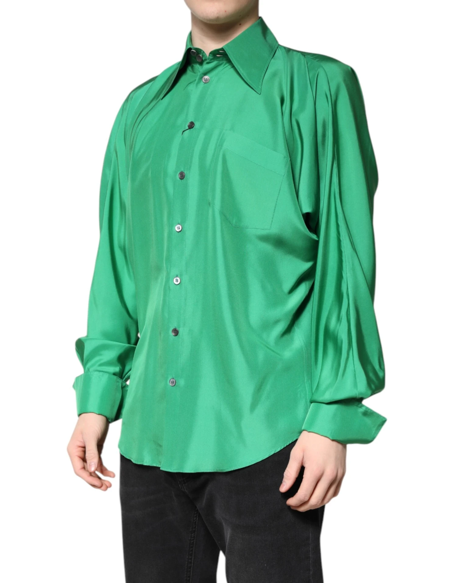 Dolce & Gabbana Green Silk Satin Long Sleeves Casual Men's Shirt (Pre-Owned) 4 Dolce & Gabbana Green Silk Satin Long Sleeves Casual Men's Shirt (Pre-Owned) - Image 2