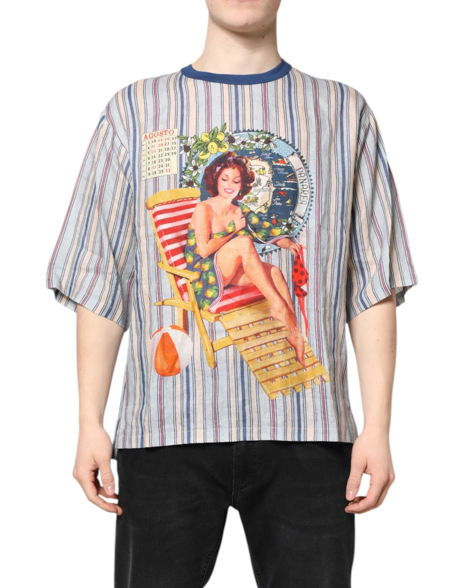 Dolce & Gabbana Multicolor Striped Pin Up Linen Round Neck Men's T-shirt 3 Dolce & Gabbana Multicolor Striped Pin Up Linen Round Neck Men's T-shirt