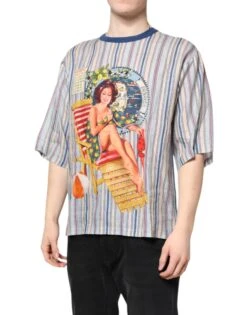 Dolce & Gabbana Multicolor Striped Pin Up Linen Round Neck Men's T-shirt 7 Dolce & Gabbana Multicolor Striped Pin Up Linen Round Neck Men's T-shirt -Lux Lair Store 7181865