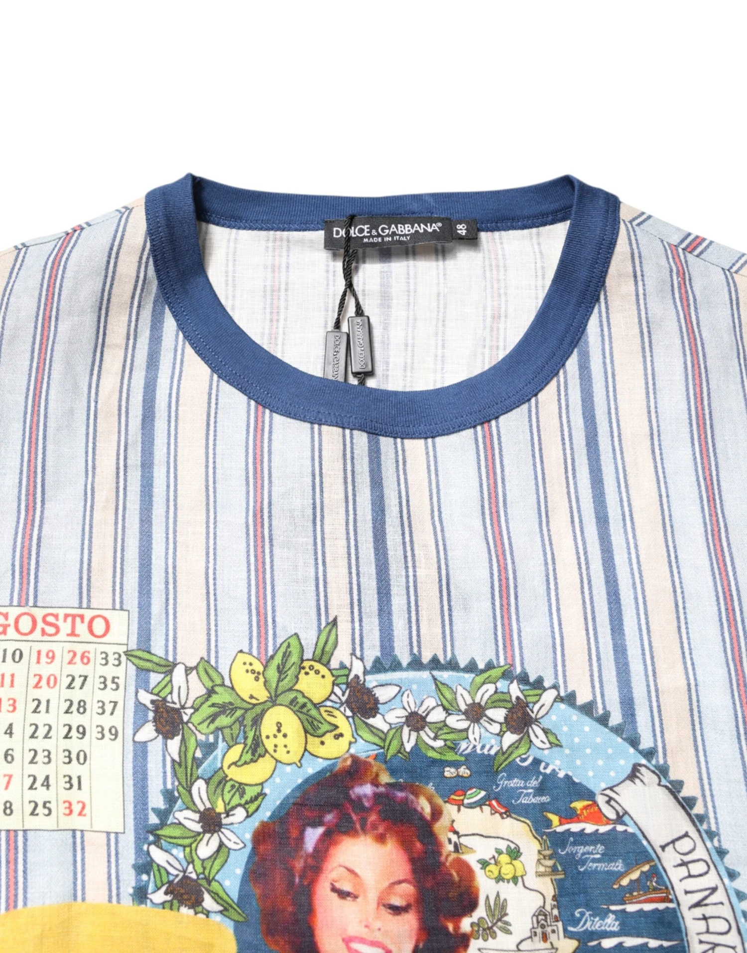 Dolce & Gabbana Multicolor Striped Pin Up Linen Round Neck Men's T-shirt 6 Dolce & Gabbana Multicolor Striped Pin Up Linen Round Neck Men's T-shirt - Image 4