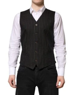 Dolce & Gabbana Black Stripes Wool Formal Men Waistcoat Men's Vest
