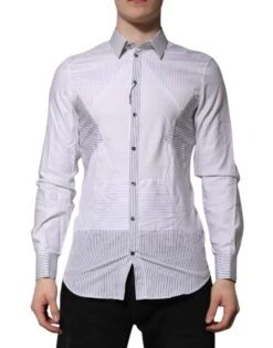 Dolce & Gabbana White Striped GOLD Long Sleeves Dress Men's Shirt