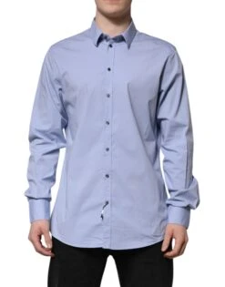 Dolce & Gabbana Blue Cotton GOLD Long Sleeves Dress Men's Shirt (Pre-Owned)