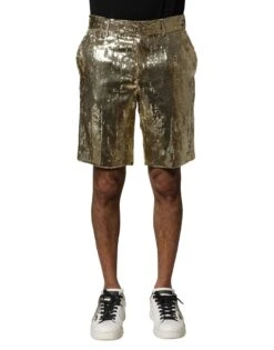 Dolce & Gabbana Gold Sequin Polyester Embellished Bermuda Men's Shorts