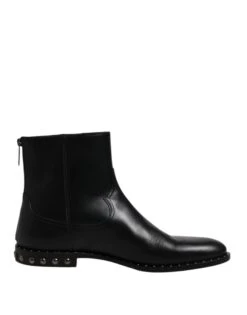 Dolce & Gabbana Black Leather Logo Ankle Boots Studded Men's Shoes